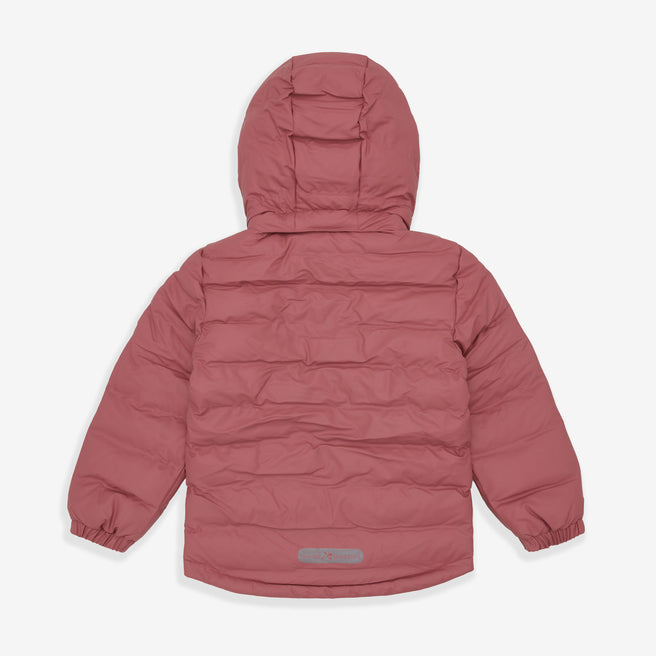 A pink waterproof puffer jacket, seen from the back. It has a hood and long sleeves with elasticated cuffs.
